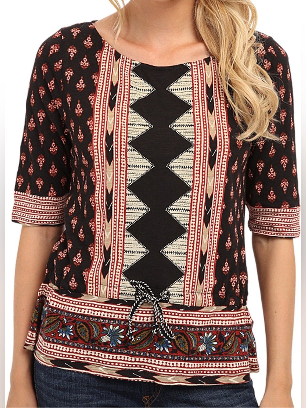 Lucky Brand Tribal Print Peplum Blouse Boho California Relaxed Casual Size S
